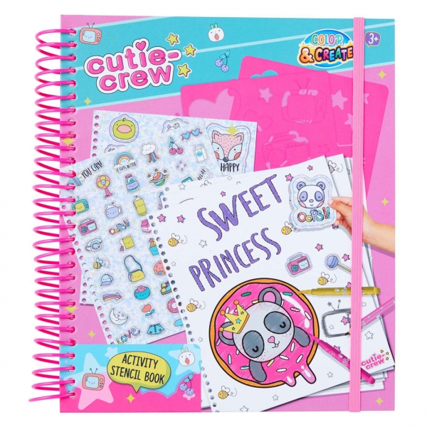 Carte de colorat cu sabloane, Cutie Crew, 16 pagini de colorat, markere si creioane incluse, Multicolor