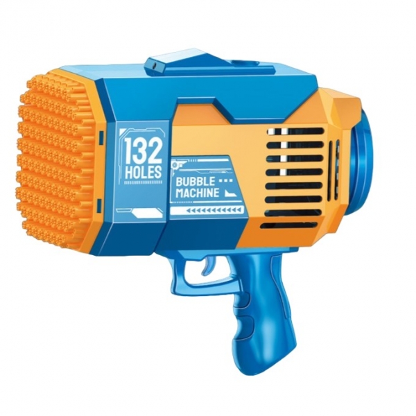 Pistol pentru baloane de sapun, 132 de gauri, lumini colorate, cablu de incarcare, 25 x 13 x 26 cm, Albastru/Portocaliu