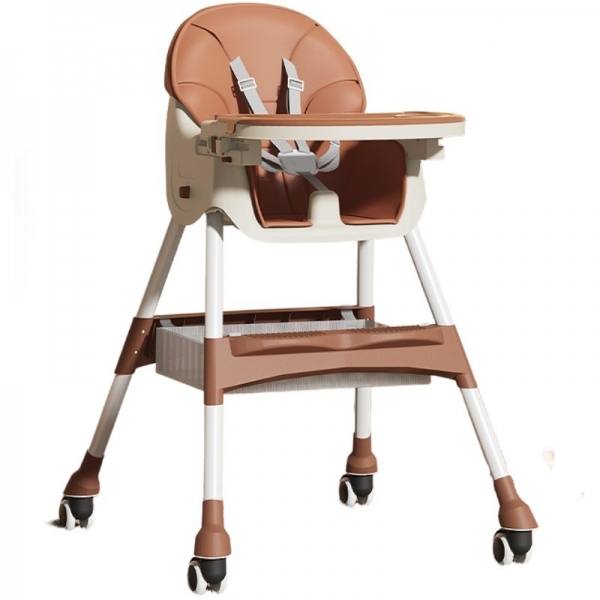 Scaun de masa pentru bebelusi si copii, telescopic, pliabil, masuta reglabila, suport picioare, centura siguranta, Maro