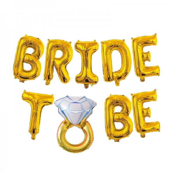 Set baloane din folie metalizata, model Bride to Be cu inel de logodna, litere de 40 cm, baloane party, ambalaj individual, pai inclus, auriu