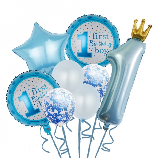 Set 8 Baloane din Folie Metalizat? si din Latex, Figurine Cifra 1 Printesa 91cm, Stea 45 cm si Cerc 55 cm, Baloane Latex 30 cm,