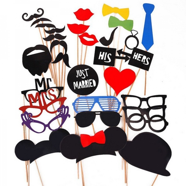 Set 31 de Accesorii pentru Petrecere, Props pentru Coltul de Poze, Ochelari, Palarii, Mustata, Cravata, Tematica Nunta, Multicol