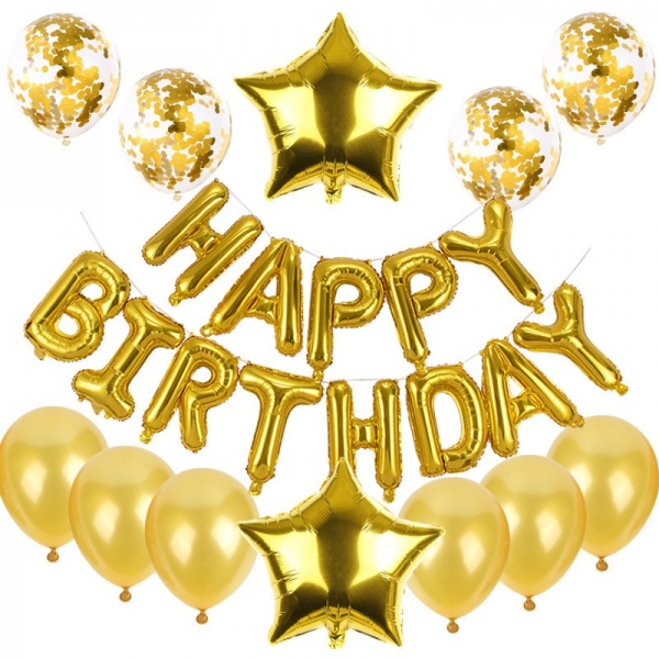 Set baloane din folie metalizata si baloane din latex, baloane folie Happy Birthday, 4 baloane latex Confetti, 6 baloane latex