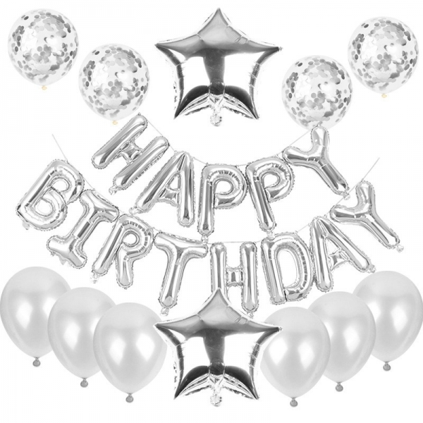 Set baloane din folie metalizata si baloane din latex, baloane folie Happy Birthday, 4 baloane latex Confetti, 6 baloane latex Argintiu