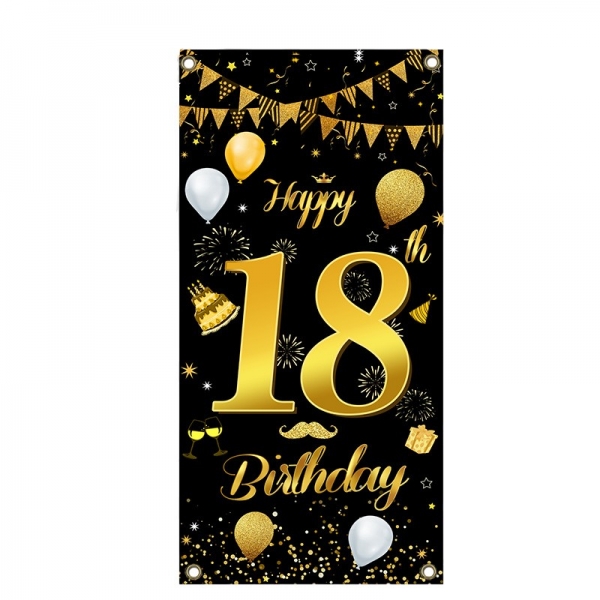 Banner pentru Petrecere, Model Happy Birthday, Tematica Majorat, Aniversare 18 Ani, 185x90 cm, Negru