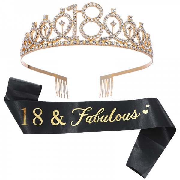 Set 2 piese pentru majorat, 15 x 13 x 5 cm, coronita printesa gold si panglica, negru