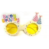 Ochelari pentru petrecere cu mesaj Happy birthday, Lentila Galbena, Alb