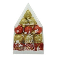 Set de 12 ornamente de brad, de tip Glob, Rosu/ Auriu, din polistiren, cu finisaj sclipitor