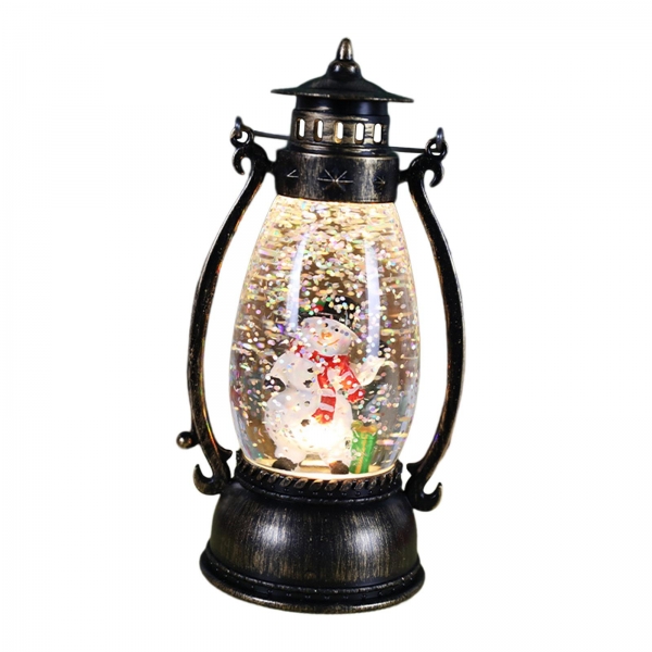 Decoratiune Luminoasa, Felinar de Craciun, cu Lumina LED, Ornament Model Lampa cu Ulei Om de Zapada, cu Maner, 14x7x6 cm, Negru