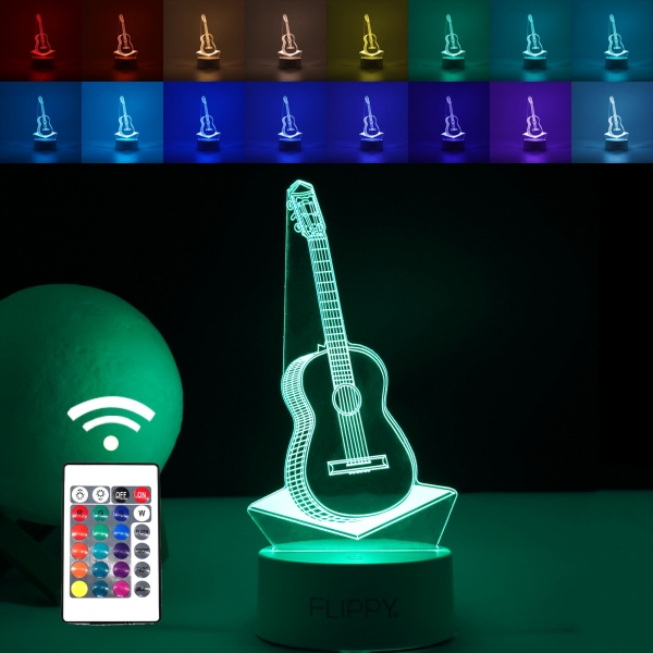 Lampa LED decorativa, 3D, Chitara, din material acril si lumina multicolora, alb