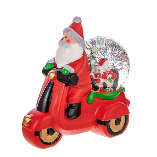 Decoratiune Craciun, tip motocicleta, glob 10 cm, figurine Mos Craciun, 3 moduri, functie muzicala, zapada in miscare