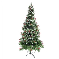 Brad artificial de Craciun nins, decorat cu conuri pin rosii, inaltime 150 cm, diametru 83 cm, 319 ramuri, suport metalic inclus