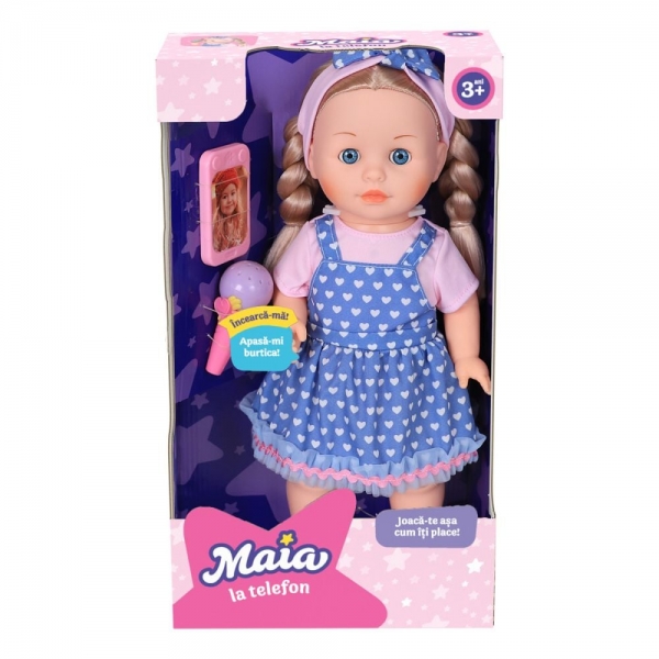 Papusa Maia la telefon, vorbeste, canta la microfon, 40 cm, Multicolor