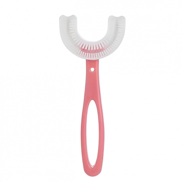 Periuta de Dinti in Forma de U pentru Copii 6-12 ani, Peri Moi, 12 cm, Model Inima, Culoare Roz