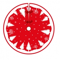 Covoras pentru bradul de Craciun din tesatura pufoasa, cu fundite de prindere, model brazi, rosu/alb, diametru 90 cm