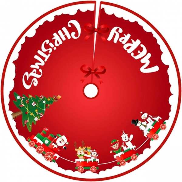 Covoras pentru bradul de Craciun din tesatura pufoasa, cu fundite de prindere, model sania lui Mos Craciun, rosu, diametru 90 cm