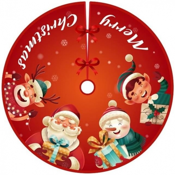 Covoras pentru bradul de Craciun din tesatura pufoasa, cu fundite de prindere, model Mos Craciun si ajutoarele, rosu, diametru 90 cm, Rosu