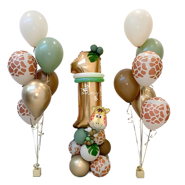 Set 30 baloane folie si latex tematica prima aniversare, baloane latex 30cm, 25cm, figurina girafa cifra 1, 32x34 cm