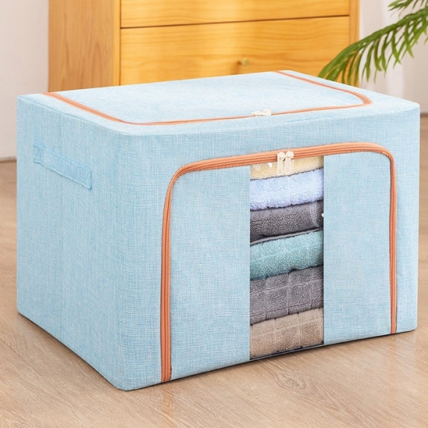 Cutie de Depozitare Pliabila, 66 L, din Bumbac si In, 50x40x33 cm, 2 Ferestre, Frontala si Laterala, 2 Usi de Acces cu Fermoar Bidirectional, Cadru Metalic, Suport Baza Stabil din Plastic, Bleu