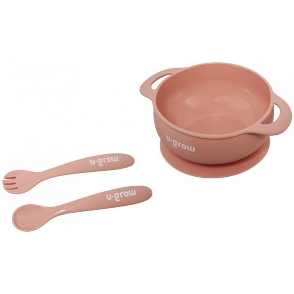 Set de hranire pentru bebelusi, bol cu lingurita si furculita silicon, 350 ml, roz, U-Grow