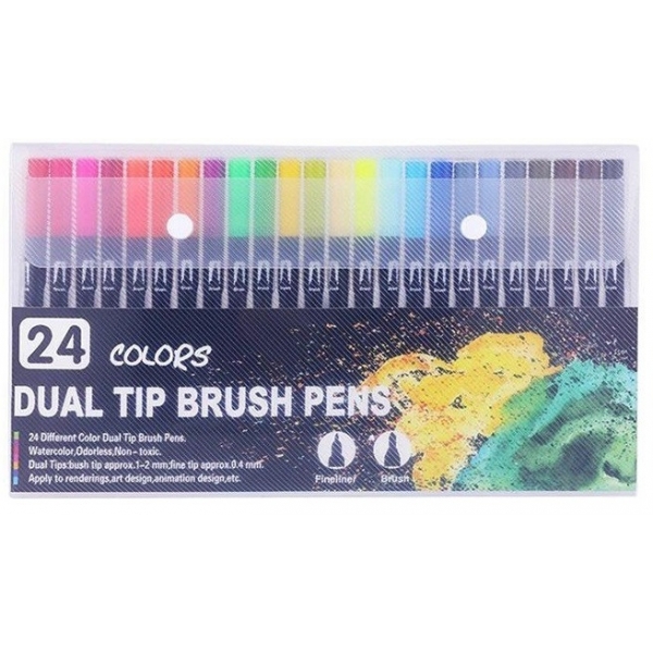 Set 24 carioci, pe baza de apa, 2 tipuri de varf, 1-2 mm, 0.4 mm, corp carioca negru, din plastic, multicolor
