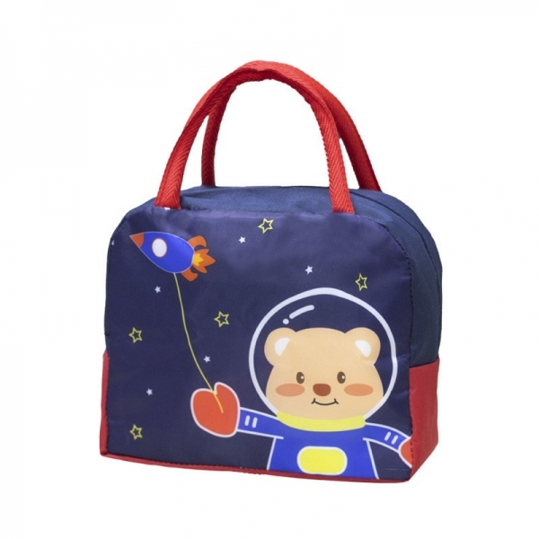 Geanta Termoizolanta pentru Copii, 23x13x19 cm, Model Imprimeu Ursulet Astronaut, din Folie de Aluminiu si Panza Oxford, Albastru/Rosu