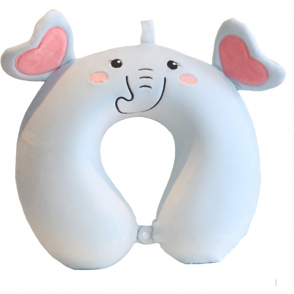 Perna de Calatorie in Forma de U, Pentru Gat si Cap, Umplutura din Spuma cu Memorie, 30x30 cm, Model Elefant, Accesoriu de Voiaj, Birou, Masina, Sistem Prindere Capse, Albastru