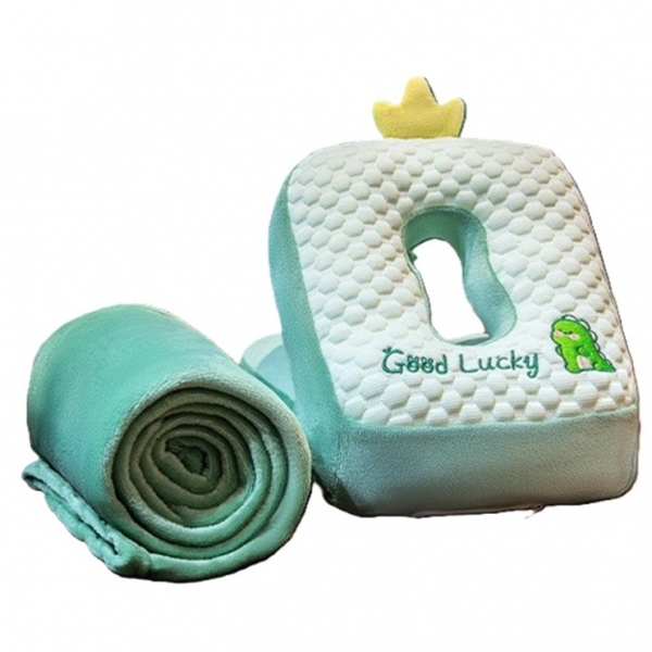 Set 2in1 Patura si Perna, Model Dinozaur cu Spatiu de Depozitare Patura, Microfibra, Spuma, 1x1.7 m, 30x35x30 cm, Verde