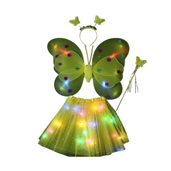 Costum fluturaș copii, aripi luminoase, fustă tul, baghetă, bentiță, 4 piese, galben