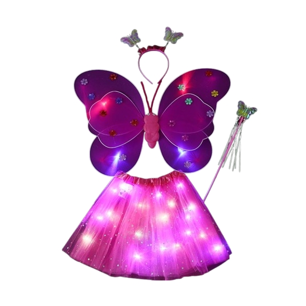Costum fluturaș copii, aripi luminoase, fustă tul, baghetă, bentiță, 4 piese, roz-rosu
