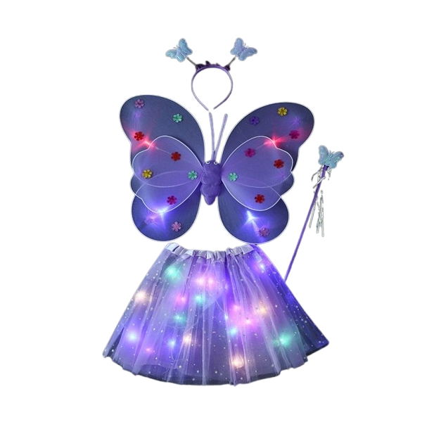 Costum fluturaș copii, aripi luminoase, fustă tul, baghetă, bentiță, 4 piese, mov