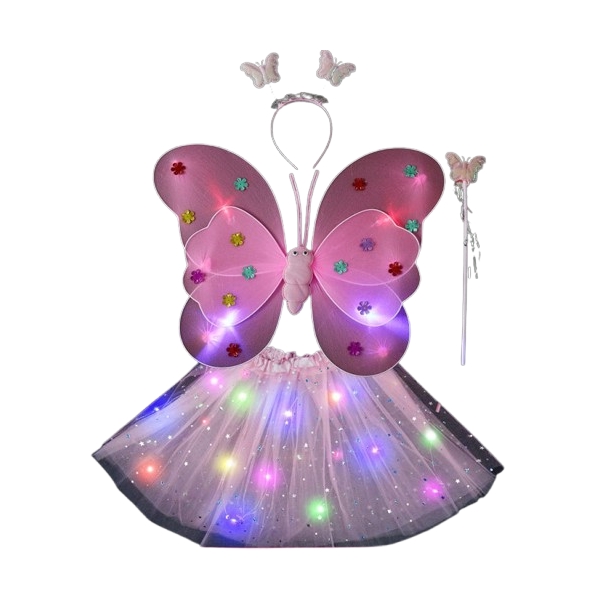 Costum fluturaș copii, aripi luminoase, fustă tul, baghetă, bentiță, 4 piese, roz deschis