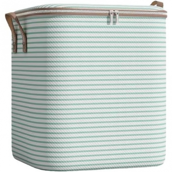 Cutie de Depozitare cu Fermoar, Pliabila, Maner Ranforsat, Fermoar Rezistent, pentru Haine, Paturi, Plapumi, Perne, Lenjerii de Pat, Jucarii, 50x40x50 cm, 110 Litri, in Dungi, Verde