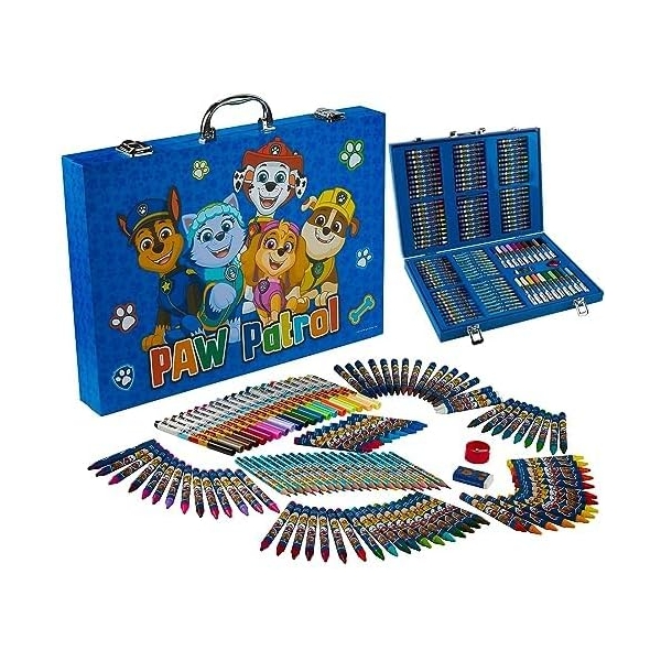 Set complet de colorat cu Paw Patrol–130 de piese, carioci, creioane cerate, stickere și accesorii, in servieta, Albastru
