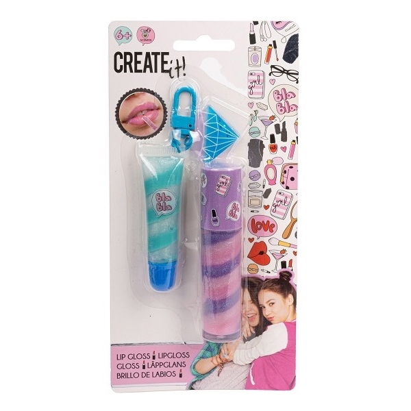 Set 2 luciuri de buze Create It!, cu breloc, balsam de buze pentru fetite, 6+ ani, Multicolor