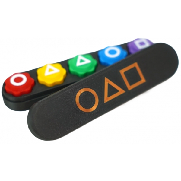 Gonggi joc traditional coreean, tip Squid Game si Jocul Calamarului, interactiv, set 5 piese multicolore, cutie neagra