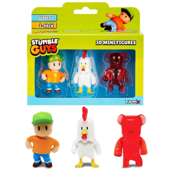 Set 3 mini figurine Stumble Guys 3D, Seria 2 - Mr. Stumble, Chicken, Cherri Bear