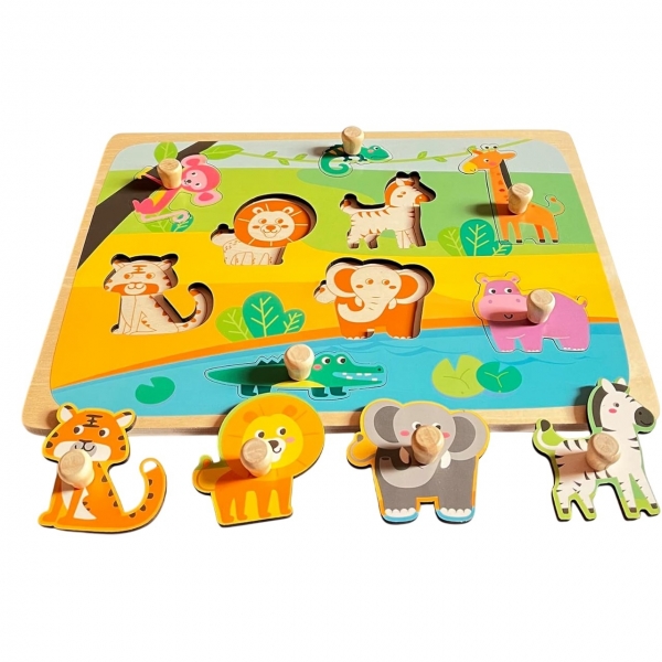 Puzzle Montessori din Lemn pentru Copii,  0-3 Ani, Model Animale din Jungla, Educativ, Intuitiv, Creativ, 9 Piese, 30x22.5x0.8 cm, Multicolor