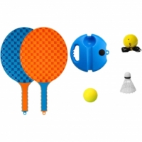 Set Badminton pentru Copii,  Doua Palete, Fluturas, 2 Mingi, Minge cu Elastic pentru Antrenament, Suport de Prindere Stabil, 41x23 cm, Albastru Portocaliu