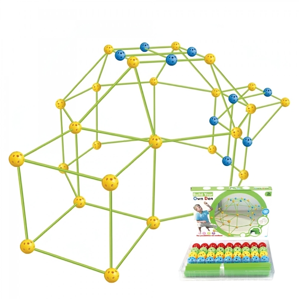 Kit de Constructie Fort 3D pentru Copii,  560 g, 36 Sfere, 51 Tije, Panza Verde Impermeabil, 3 ani, Educativ, Multicolor