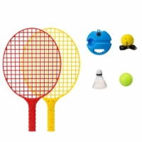 Set Badminton pentru Copii,  Doua Palete, Fluturas, 2 Mingi, Minge cu Elastic pentru Antrenament, Suport de Prindere Stabil, 40.5x23 cm, Rosu Galben