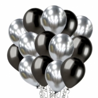 Set 10 Baloane din Latex Chrome, Model Party, 23 cm, Negru Argintiu, 2.2 g