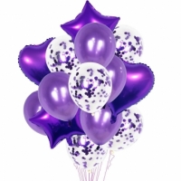Set 14 Baloane din Folie Metalizata si din Latex, Figurine Stea si Inima 45 cm, Baloane Latex 30 cm, Tema Buchet, Ambalaj Individual, Pai Inclus, Umflare cu Aer sau Heliu, Mov