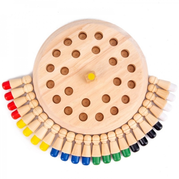 Joc de Memorie, pentru Toata Familia, din Lemn, Diametru Tabla de Joc 17 cm, Interactiva, +4 Ani, 6 Culori, Multicolor