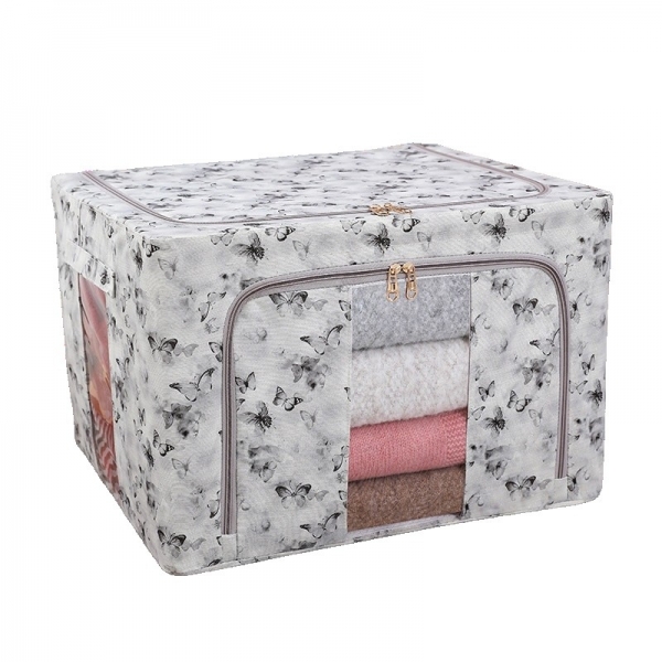 Cutie Depozitare, 66L, din Material Textil, 50 x 40 x 33 cm, pentru Haine si Lenjerii, Model Fluturasi, Gri/Auriu