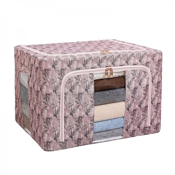 Cutie Depozitare, 66L, din Material Textil, 50 x 40 x 33 cm, pentru Haine si Lenjerii, Model Bambus, Roz