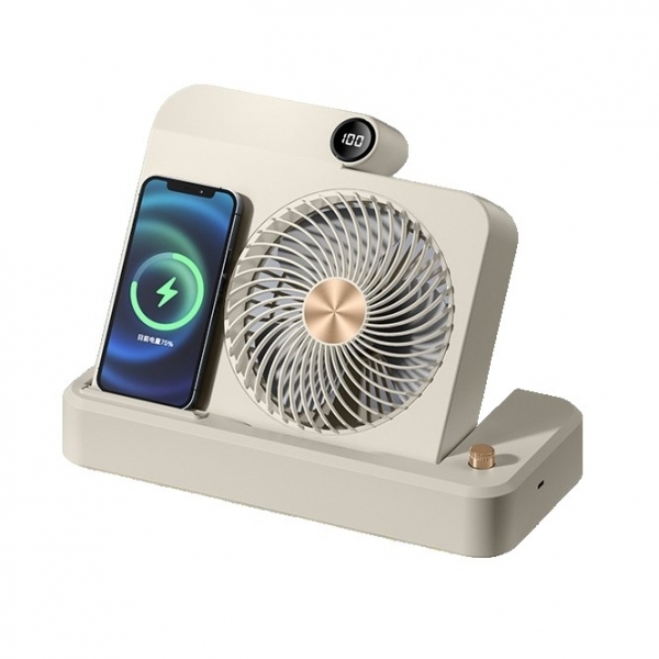 Ventilator 2in1, Functie Incarcare Telefon Wireless, 100 Trepte de Viteza, 2400 mAh, 5V, 2A, 25 x 16.5 x 24 cm, Bej