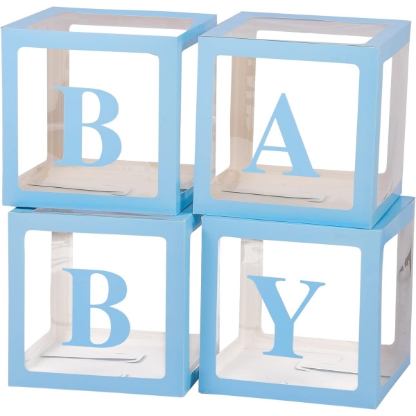 Set 4 Cutii pentru Baloane, Model Scris Baby, Cuburi Decorative din Plastic, Accesorii pentru Petrecere, 30 x30 cm, Transparente