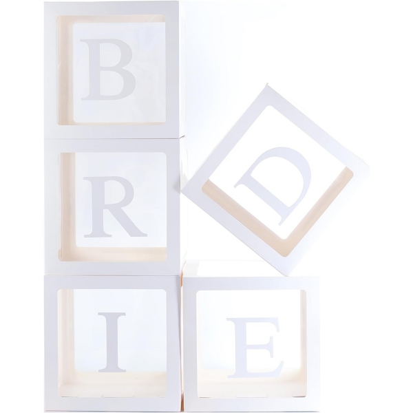 Set 5 Cutii pentru Baloane, Model Scris Bride, Tematica Nunta, Cuburi Decorative din Plastic, Accesorii pentru Petrecere, 30 x30