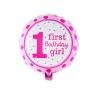 Balon din Folie Metalizata, Prima Aniversare, Model First Birthday Girl, 45 cm, Ambalaj Individual, Pai Inclus, Umflare cu Aer s